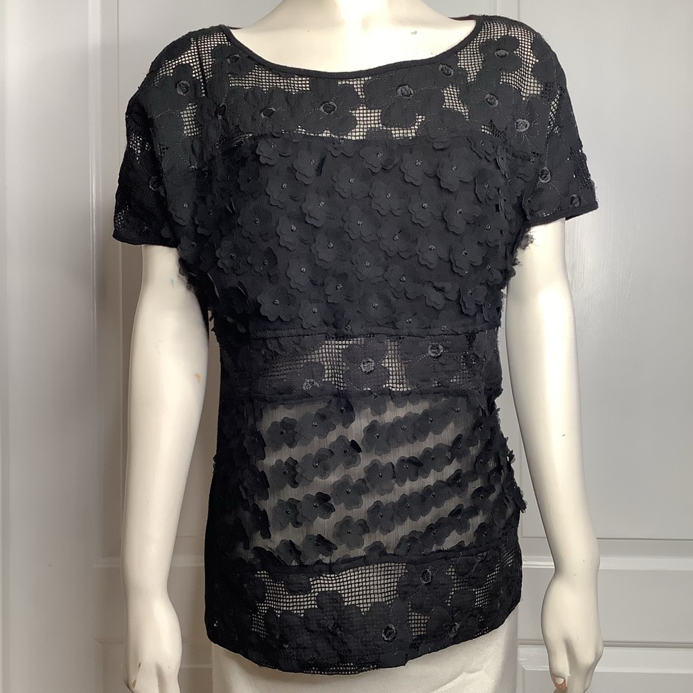 LEO & Ugo Parisian Black Sheer Mesh 3D Floral Appliqués Embroidered Short Sleeve